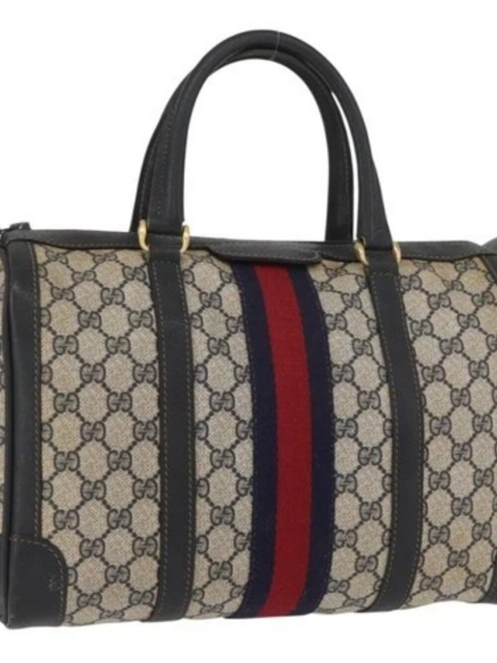 GUCCI GG Supreme Boston Bag PVC Navy Gold Auth BAZ551